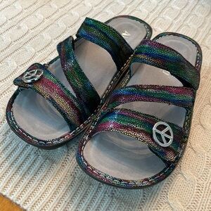NWOT Alegria multicolor peace sandals slides adjustable hook/loop on top of foot